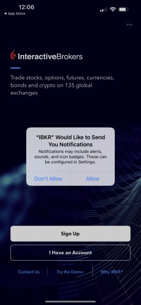 Image of the IBKR mobile allow notifications iPhone popup. 